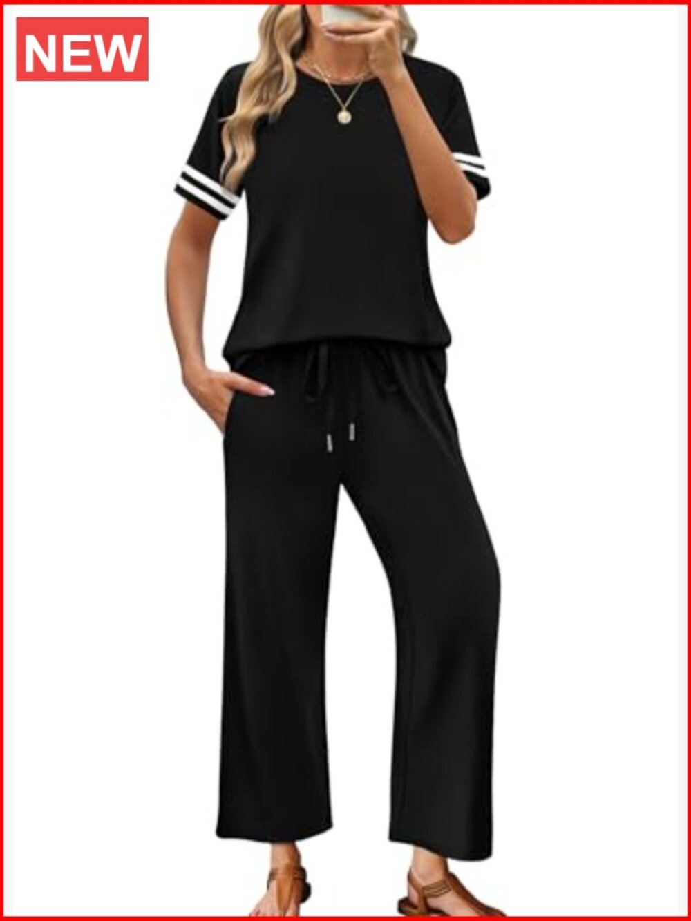 Two Piece Lounge Set Short Sleeve Top Wide Leg Pants Travel Outfits - Picture 5 of 6